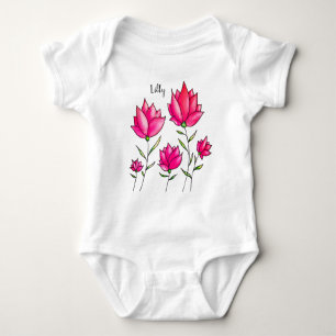 Rosa Blumen Tinte Wasserfarbe Artsy Name Baby Strampler