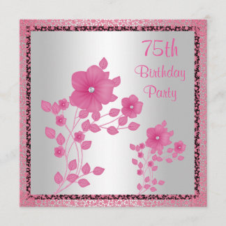 Rosa Blumen u. Spitze-75. Geburtstags-Party Einladung