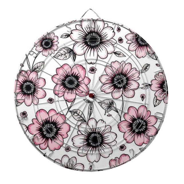 Rosa Blumen- und Blätter-Skizzendesign Dartscheibe (vorne)