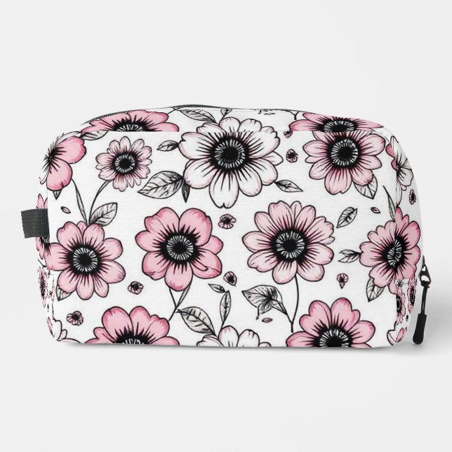 Rosa Blumen- und Blätter-Skizzendesign Waschbeutel (Vorderseite)