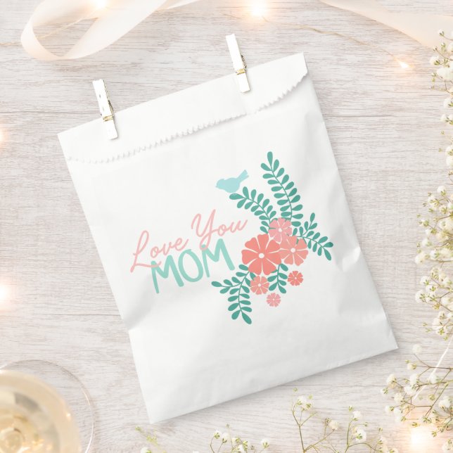 Rosa Blumen und blaue Vögel lieben dich Mama Text Geschenktütchen (Ausgeschnitten)
