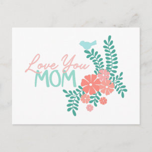 Rosa Blumen und blaue Vögel lieben dich Mama Text Postkarte