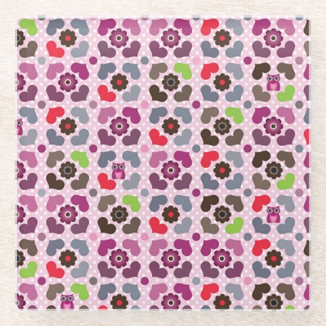 rosa Blumen- und Eulenmuster Glasuntersetzer (Vorderseite)