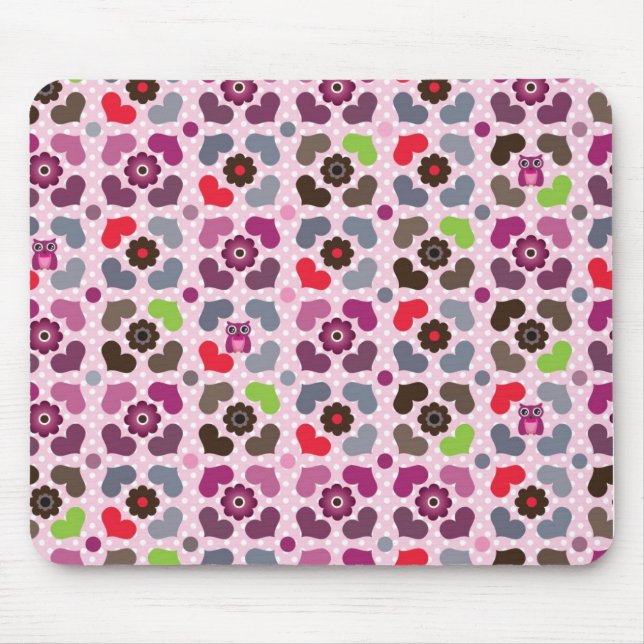 rosa Blumen- und Eulenmuster Mousepad (Vorne)