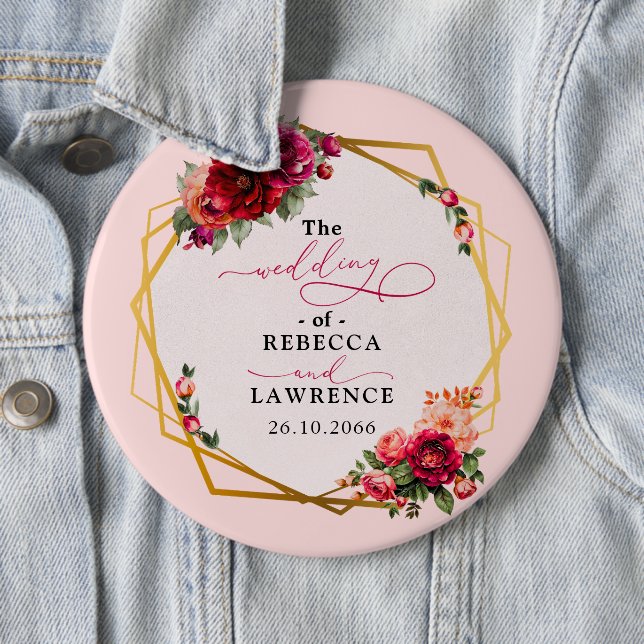 Rosa Blumen und Imitate Goldhochzeit Button (Beispiel)