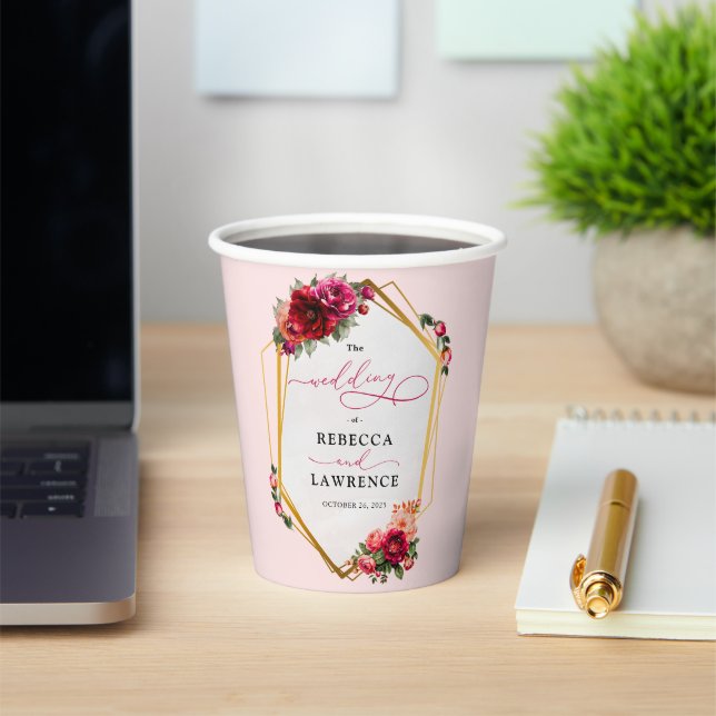 Rosa Blumen und Imitate Goldhochzeit Pappbecher (InSitu)