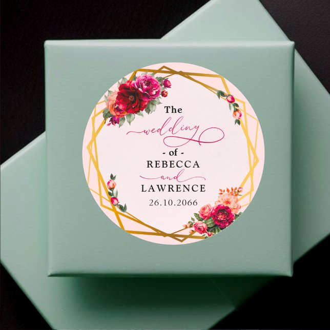 Rosa Blumen und Imitate Goldhochzeit Runder Aufkleber (Von Creator hochgeladen)