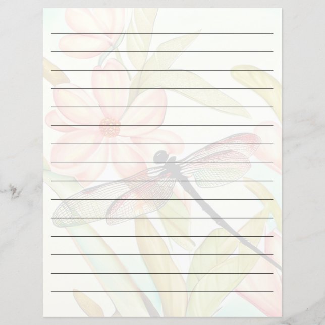 Rosa Blumen und Libellen-liniertes Briefpapier (Vorderseite)