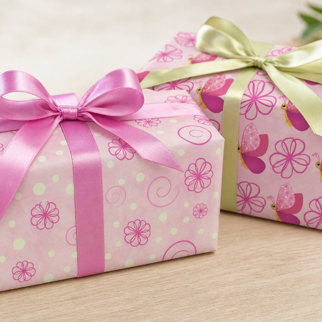 Rosa Blumen- und Schmetterlingstöne Geschenkpapier Set (Wrap it up in pink. Butterflies, swirls, and textures for wrapping or crafts.)