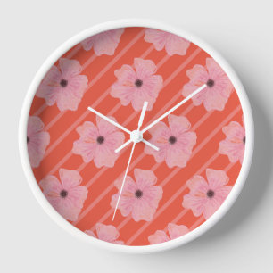 Rosa Blumen und Streifen Wanduhr