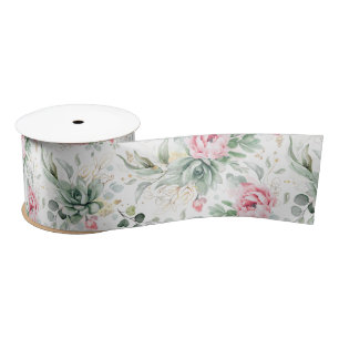 Rosa Blumen und Sukkulenten Grün elegantes Boho Satinband