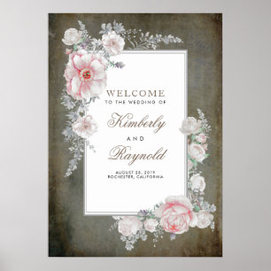 Rosa Blumen Vintage Rahmen Hochzeit Willkommenssch Poster