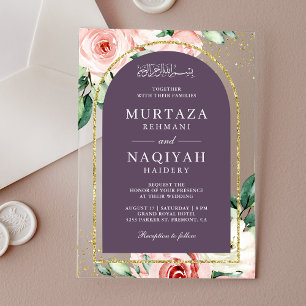 Rosa Blumen Violetter Bogen Muslimische Hochzeit Acryleinladungen