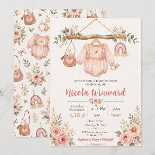 Rosa Blumen-Wäscheleine-Baby-Party Einladung