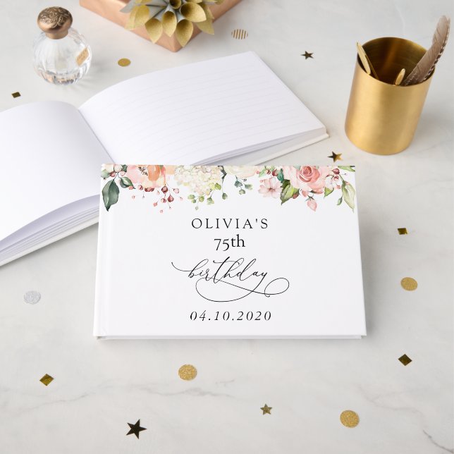 Rosa Blumen, Weiße Blumen, Boho, Geburtstag Gästebuch (Vorderseite Offen)