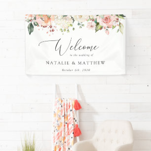 Rosa Blumen, Weiße Blumen, Boho, Hochzeitsbegrüßun Banner