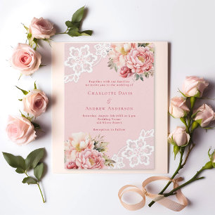 Rosa Blumen weiße Spitzenhochzeit Einladung