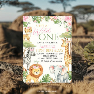 Rosa Blumen Wild One Dschungeltiere Geburtstag Einladung