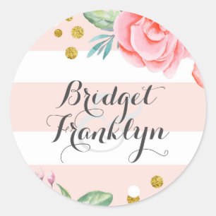 Rosa BlumenAquarell-GoldConfetti Stripes Bonbon Runder Aufkleber