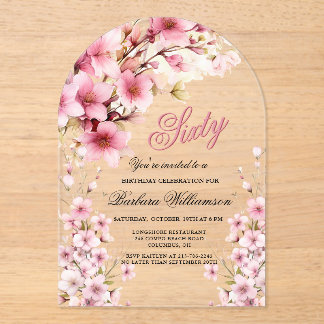 Rosa Blumenarche Elegance 60. Geburtstagsparty Acryleinladungen