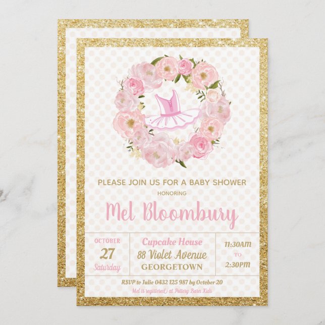 Rosa Blumenballerina-Babyparty-Einladungs-Mädchen Einladung (Vorne/Hinten)