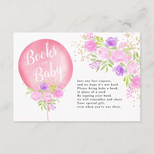 Rosa Blumenballonbücher für Babydusche Begleitkarte (Vorderseite)