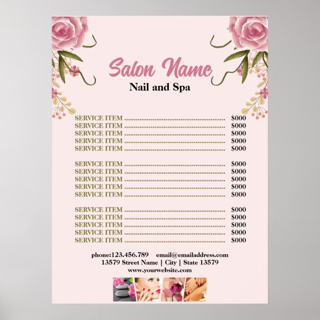 Rosa Blumenbeauty Nail Salon Preisliste Poster (Vorne)