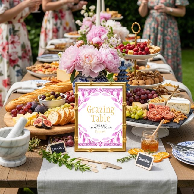 Rosa Blumenblätter "Grazing Table" Schild Einladung (Pink floral leaves "Grazing Table" Sign)