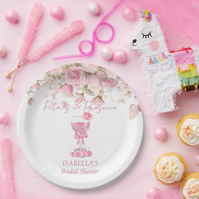 Rosa Blumenblätter und Prosecco-Brautparty Pappteller (Party)