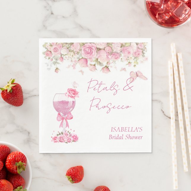 Rosa Blumenblätter und Prosecco-Brautparty Serviette (Beispiel)