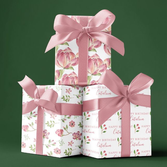 Rosa Blumenblätter zum Geburtstag Geschenkpapier Set (Celebrate someone special with these personalized wrapping paper sheets! )