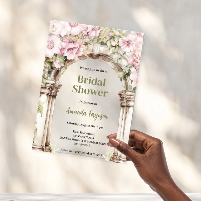 Rosa Blumenböden, beigefarbenes Brautparty Acryleinladungen (Von Creator hochgeladen)