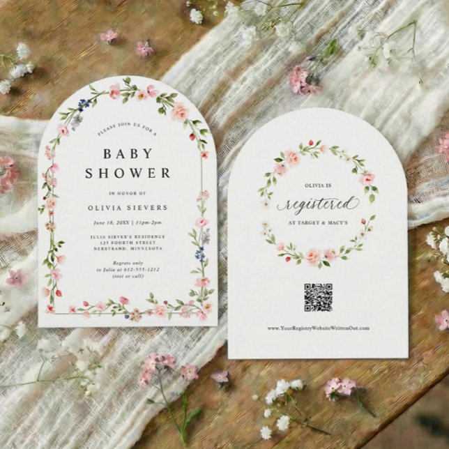 Rosa Blumenbogen-Babymädchen-Party Einladung (Baby girl shower invitation with watercolor floral arch and pink botanical flowers)