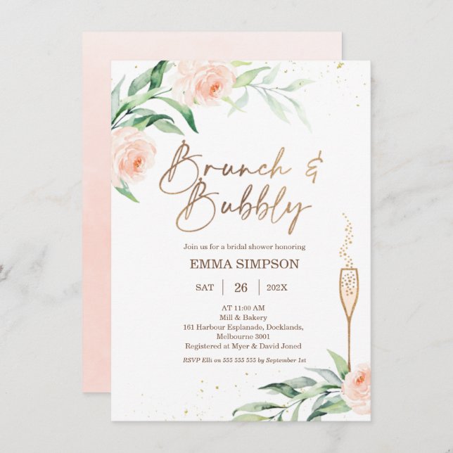 Rosa Blumenbrunch Bubble Brautparty Einladung (Vorne/Hinten)
