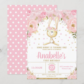 Rosa Blumenbunny 1. Geburtstag Einladung Mädchen