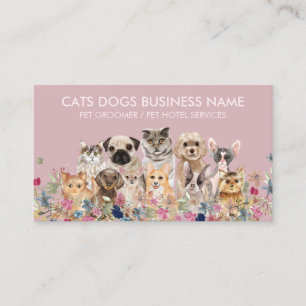 Rosa Blumendesign mit Katzen Hunden Visitenkarte