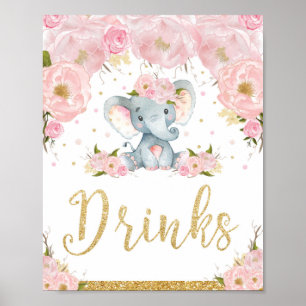 Rosa Blumenelefanten-Baby-Shower-Getränke-Schild-D Poster