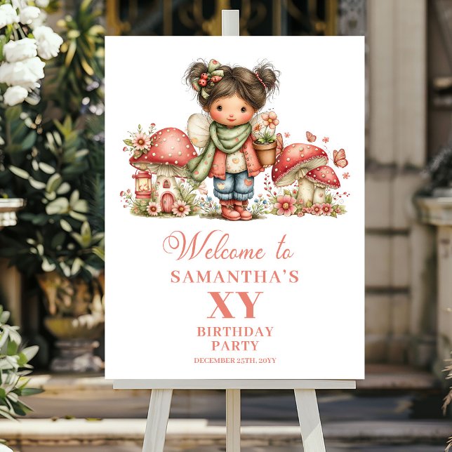 Rosa Blumenfee 4. Geburtstags Willkommensposter Poster (Pink Floral Fairy 4th Birthday Welcome Poster)