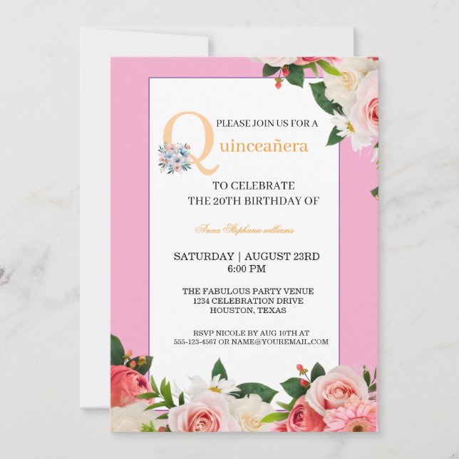 Rosa Blumenfeier Einladung (Vorderseite)