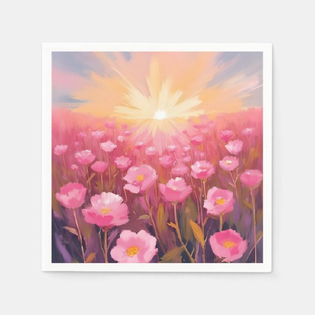 Rosa Blumenfeld Wasserfarbe Floral Serviette (Vorderseite)