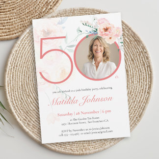 Rosa Blumenfoto-Einladung zum 50. Geburtstag Einladung