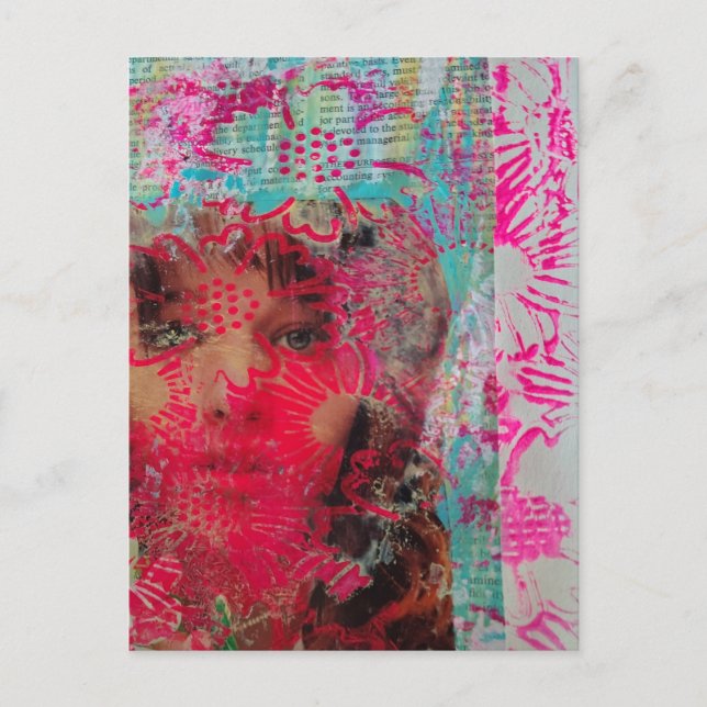 Rosa Blumenfrau Mixed Media Collage  Postkarte (Vorderseite)