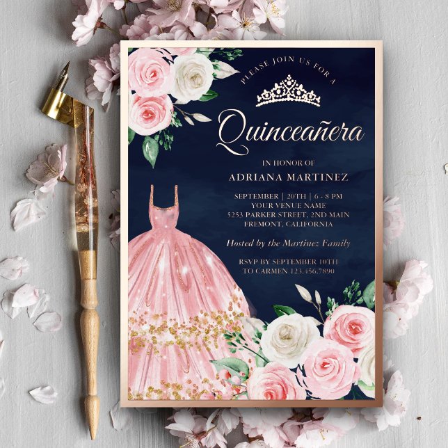 Rosa Blumengarn Quinceanera Navy Rose Gold Folieneinladung (Von Creator hochgeladen)