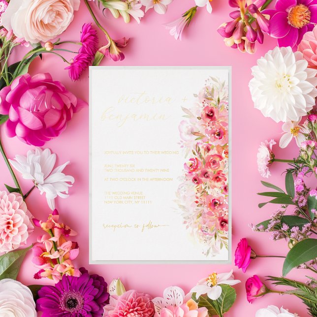 Rosa Blumengarten Barockgarten farbenfrohe Hochzei Folieneinladung (Pink Floral Botanical Garden Colorful Wedding Gold Foil Invitation)