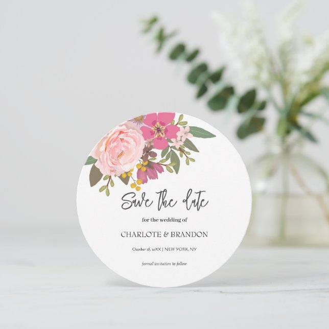 Rosa Blumengarten Hochzeit Save the Date Einladung (Stehend Vorderseite)