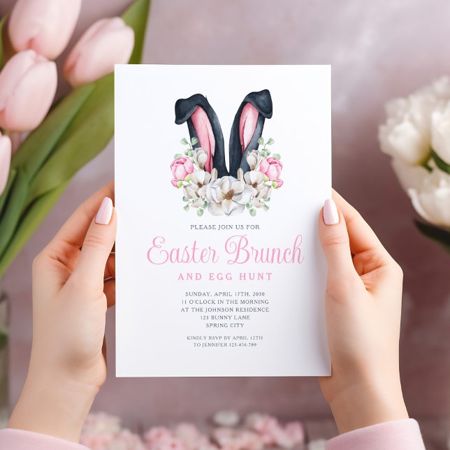 Rosa Blumengebälk Osterfeier Brunch Einladung (Pink Floral Bunny Ears Easter Brunch Invitation)