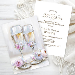 Rosa Blumengekrönte Champagnergläser 30. Hochzeits Einladung