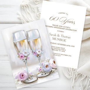 Rosa Blumengekrönte Champagnergläser 60. Hochzeits Einladung