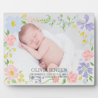Rosa Blumengirlande Babyname Schrift Geburtsstatis Fotoplatte