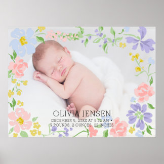 Rosa Blumengirlande Babyname Schrift Geburtsstatis Poster